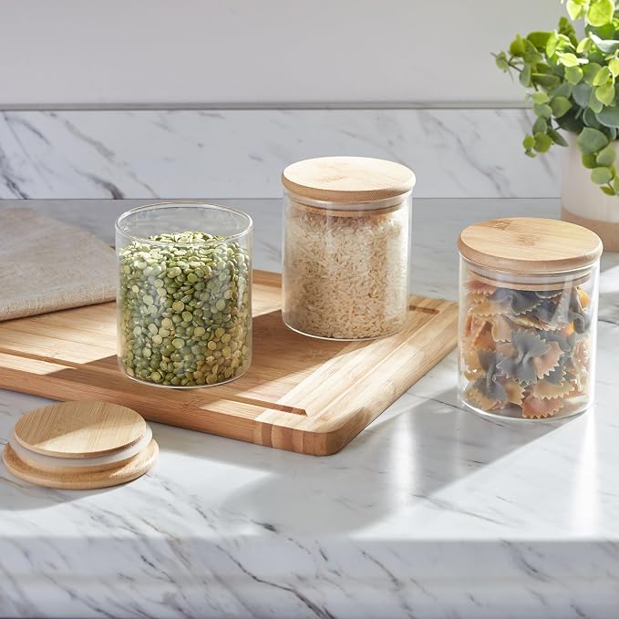 Kitchen Details Glass Food Storage Containers with Bamboo Lids | 3-Piece Set 4x3x3 Inch | Airtight Meal Prep Containers | Eco Friendly Kitchen Storage