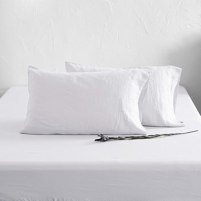 ATLINIA 100% Pure Flax Linen Bedding Set - Stone Washed French Linen Fabric Deep Pocket Fitted Sheet Farmhouse Flat Sheet 2 Pillowcases (White, Queen)