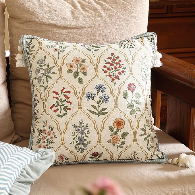 ISAENNE Design Linen Throw Pillow Covers 18"x18" Pack of 2, Square Farmhouse Cushion Covers with Colorful Watercolor Wildflower Pattern Decor Pillowcases for Bed,Living Room,Outdoor,Car