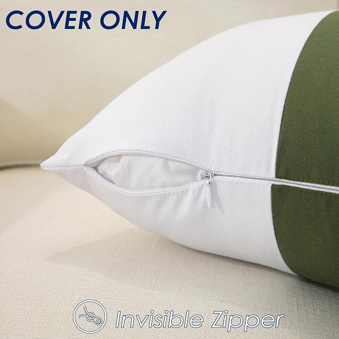 TAOSON Set of 2, 100% Cotton Canvas Patchwork Throw Pillow Covers 12x20 Inch Modern Olive Green Striped Pillow Cushion Covers Farmhouse Decor Pillow Cases for Couch Living Room Bed Sofa Decor