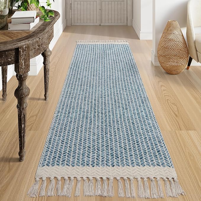 Lahome Belle Boho Kitchen Runner Rug, 2'6''x8 Runners for Hallways Lightweight Bathroom Rug Woven Cotton Throw Mat with Tassels, Farmhouse Blue Runner Rugs Non Shedding Rugs for Laundry Room Rv Decor