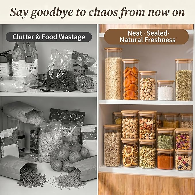 SENTVEND 24 Oz Glass Storage Jars with Bamboo Lids - 6 Pack Clear Glass Canisters Square Airtight Stackable Ideal for Pantry Storage Containers Organizers Great for Storing Oats Coffee Beans Nuts etc