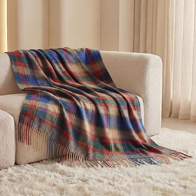 Soft Pure Wool Throw Blanket, Lightweight Warmth, 55"x83", Plaid, Fringe, Compact with Bag, Useful Gift for Women Men, All Season Decorative Cozy Travel Blanket for Couch Bed, Outdoors