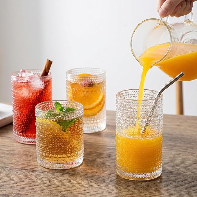CycleMore 12Pc Vintage Hobnail Drinking Glasses, 12oz 10oz 4oz Clear Cup | Multisize Vintage Hobnail Glasses. Ideal for Juice, Cocktails, Whiskey, Smoothies & Espresso. Dishwasher Safe