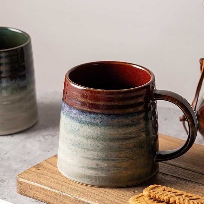 15.5 Oz Large Reactive Glaze Ceramic Mug, Heavy Weighted Stoneware Coffee Cup, Wide Base, Thick Wall Big Tea Cup with Custom Package Box, Microwave & Dishwasher Safe (Black Red)