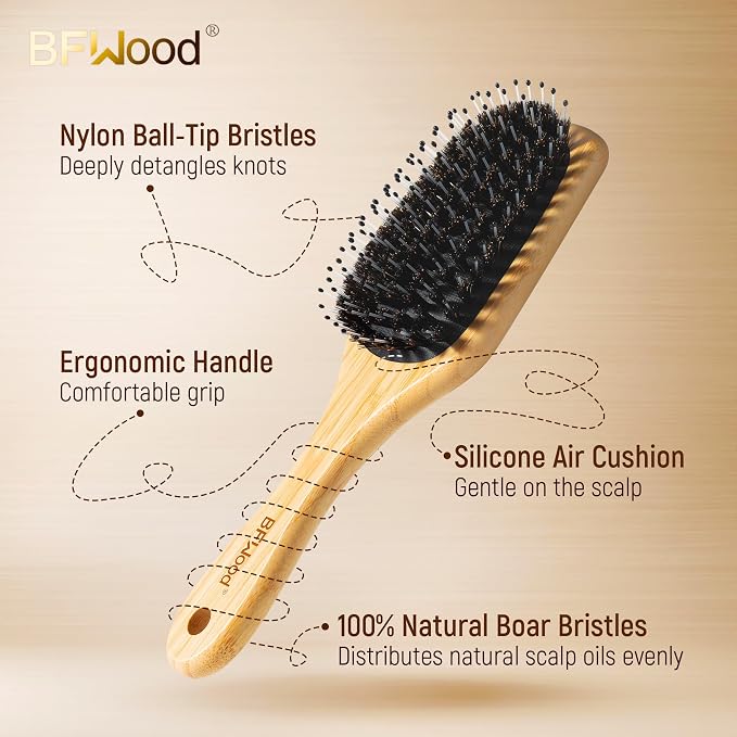 BFWood Boar Bristle Hair Brush - Natural Bamboo Hair Brush with Boar Bristle, Paddle Detangling HairBrush for Women Men Thick Curly Thin Long Short Wet Dry
