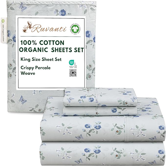 RUVANTI 100% Cotton Organic Percale Sheets King Size – Crisp Cooling Bed Sheets for Hot Sleepers, Deep Pocket 15”, Soft Peach Finish, Breathable & Durable Hotel-Style 4 Pcs, Butter Flight