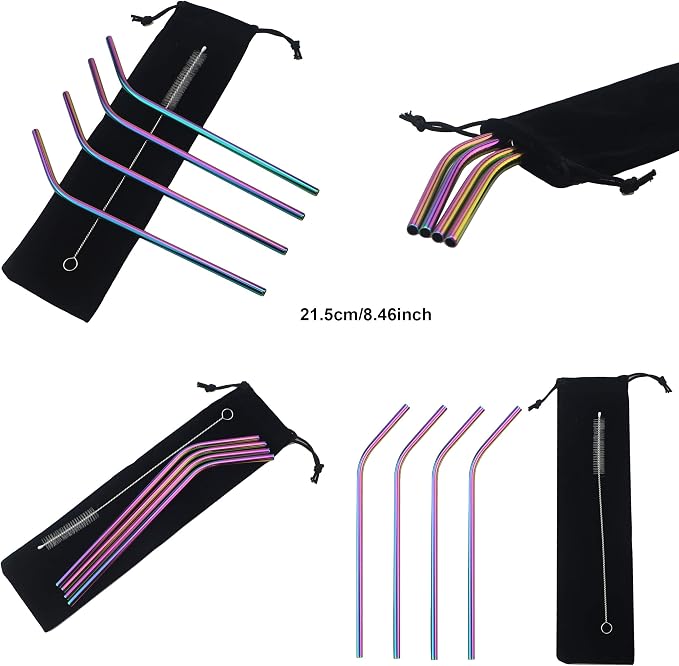 Stainless Steel Straws 8.5" - 4 Pack - Multicolor - Eco-Friendly - Durable & Versatile - Easy to Clean - Portable Idea