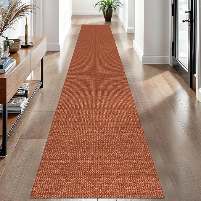 EARTHALL Woven Runner Rug 2x12 Ft Washable Runners for Hallways Extra Long Cotton Non Slip Rubber Backed Kitchen Runner Braided Indoor Floor Carpet for Entryway, Hall, Kitchen, Rustic Orange/Tan