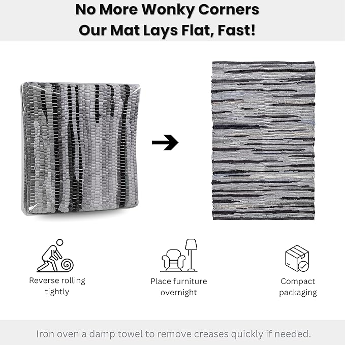 Cotton Hand Woven Chindi Rug 2x3 Feet - Charcoal, Farmhouse Stripe Reversible Throw Indoor Decorative Carpet Ideal for Entryway, Kitchen, Kids Space | Grey Small Area Floor Rag Rugs for Patio