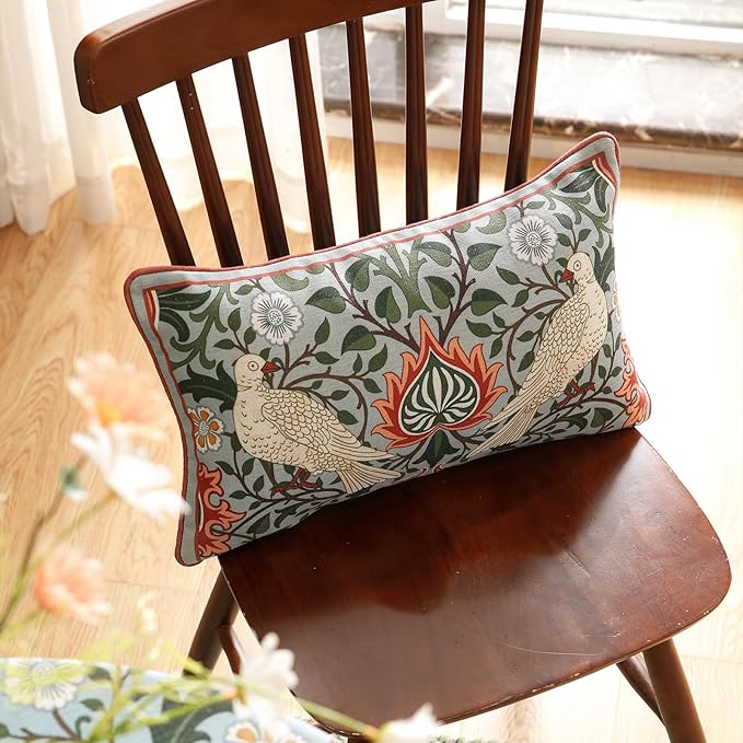 ISAENNE Designer William Morris Rectangular Throw Pillow Covers 12x20 Pack of 2,Vintage Floral Birds Cushion Cases, Decorative Linen Pillow Covers for Sofa Couch Bedroom Living Room Outdoor