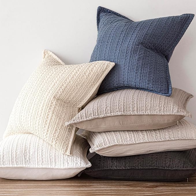 Foindtower Set of 2 Decorative Cotton Waffle Weave Throw Pillow Covers Euro Shams Cushion Covers Accent European Pillowcase for Bed Couch Sofa Bedroom Living Room Home Decor 22×22 Inch Natural Beige