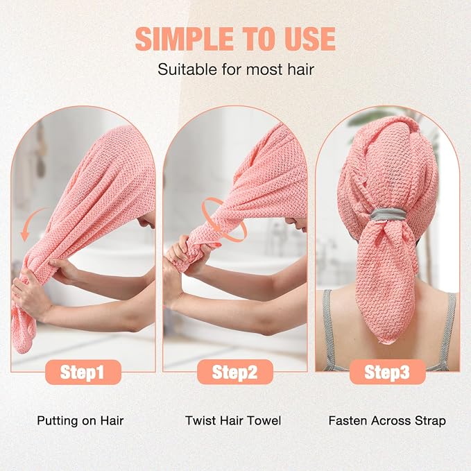 3 Pack Microfiber Hair Drying Towels for Women, Super Absorbent Microfiber Hair Towel for Curly Hair, Hair Drying Towel Wrap for Hair Care with Elastic Strap