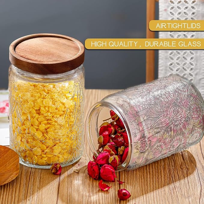 24 OZ Airtight Glass Storage Jar with Bamboo Lid - Vintage Glass Jar Vintage Food Containers Canisters Set for Kitchen Counter & Pantry - Ideal for Sugar, Flour, Coffee, Tea, Candy, Oats, Cereal | 24oz Decorative Container Set with Silicone-Sealed Bamb...
