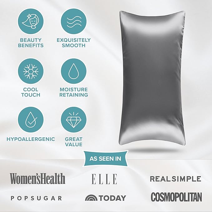 Bare Home 100% Mulberry Silk Pillowcase for Hair and Skin - Ultra Premium 6A Grade 19 Momme Silk Pillow Case - Hidden Zipper - Breathable Cooling Pillow Cover (Body, Grey)