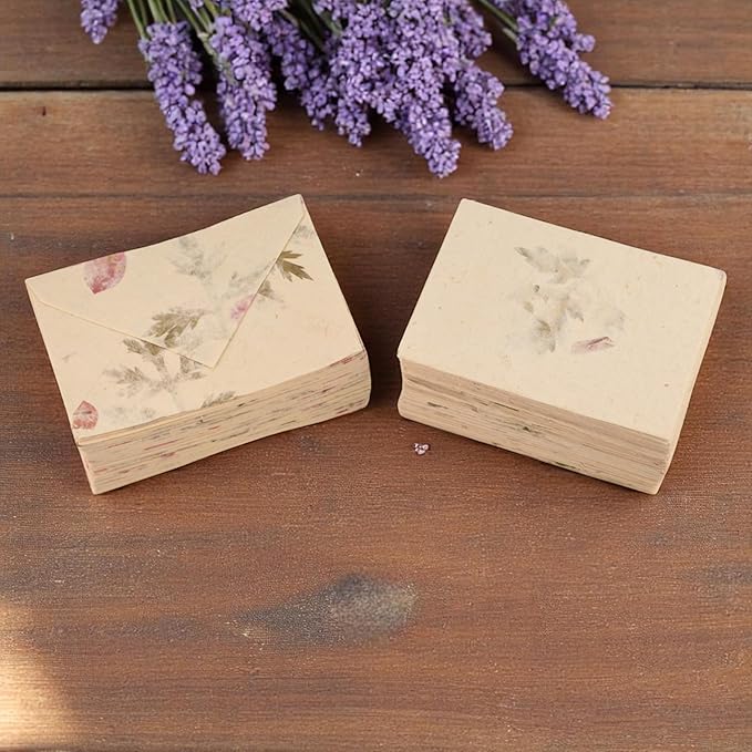 Kathmandu Valley Co. 50 Vintage 4x6 Handmade Lokta Paper Nepali Cherish Greeting Cards & Matching Decorative Flower Petal Envelopes. Folded blank cards. Handmade In Nepal. (Forest Wanderer)