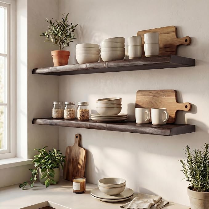 48" Live Edge Floating Shelf, Solid Elm Wood Wall Shelf | 1.4" Extra Thick, 9.3" Deep Heavy Duty, FSC Certified Brown Finish for Bedroom, Kitchen & Bathroom Storage