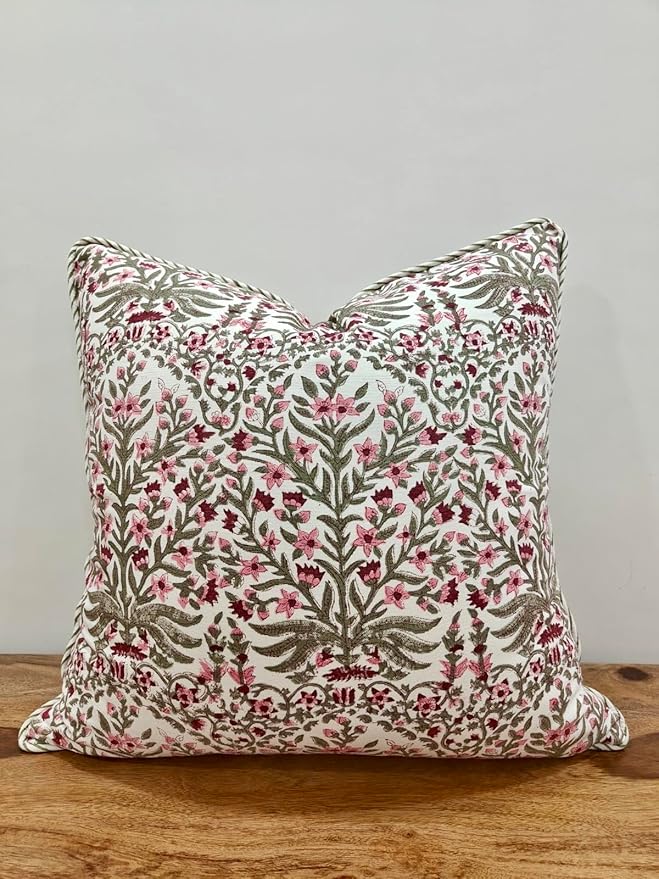 ATOSII Block Print Throw Pillow Covers, 18" X 18" - Set of 2, Decorative Couch Pillows for Living Room Bed Sofa, 100% Cotton Canvas Pillow Case for Home Decor & Outdoors, Preppy Throws - Nargis Pink