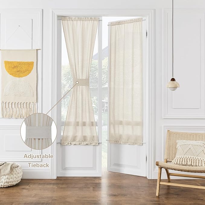 2 Pieces Door Curtain Rod Pocket Natural Durable Translucent Open Weave Drapes Light Reducing Flax Texture Linen Drapes W25 x L72 for Glass Door Window Decor