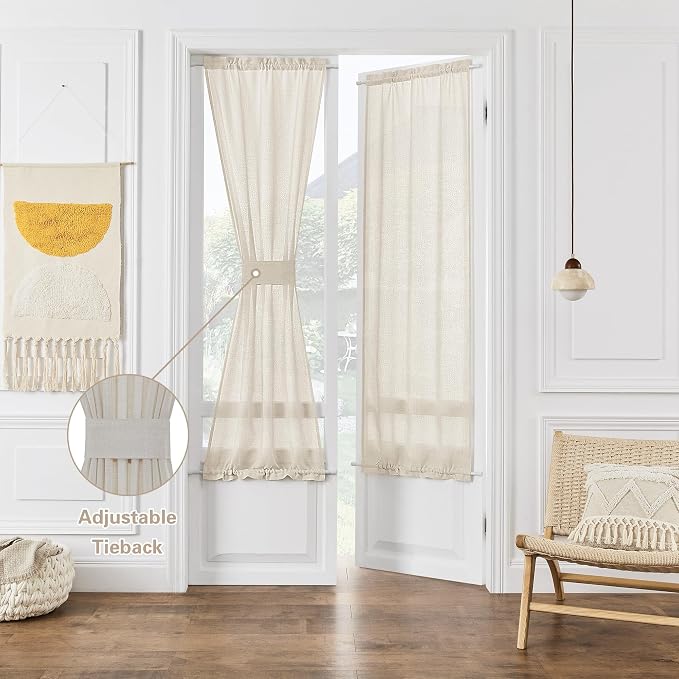 2 Pieces French Door Curtain Linen Light Through W50 x L72 for Bedroom Kitchen Room 2 Tiebacks Semi Sheer Natural Door Curtains Wrinkle Free Chic Semi Transparent Linen Dual Rod Pocket