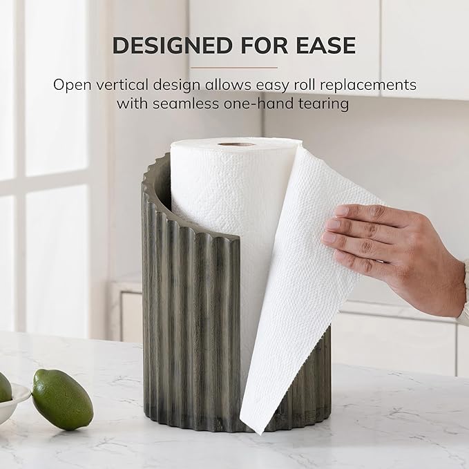 Anji Mountain Wooden Paper Towel Holder Countertop with Mango Wood Round Base and Iron Holder, Holder Stand for Kitchen Roll Organizer & Kitchen Dining Table Home Decor - Greige/Nickel, Fluted
