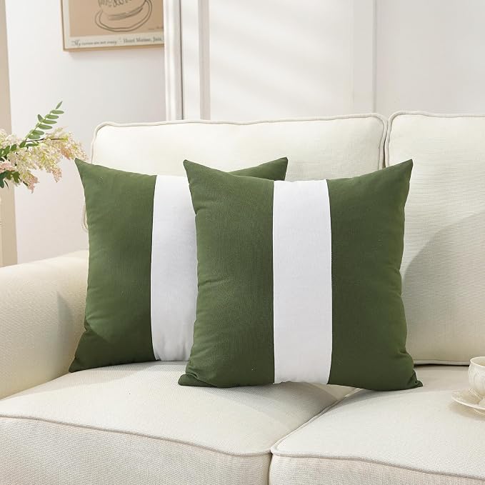 TAOSON Set of 2, Olive Green 100% Cotton Canvas Patchwork Throw Pillow Covers 18x18 Inch, Modern White Striped Farmhouse Decor Cushion Covers for Sofa Couch Bedroom Living Room