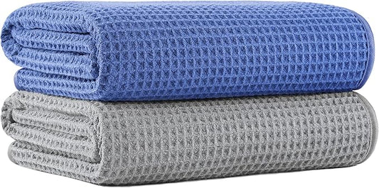 MICROFI New Microfiber Waffle Bath Towels, 2 Pieces, Soft, Absorbent, Fast Drying, Lint Free 430 GSM (Silver+Dark Blue)