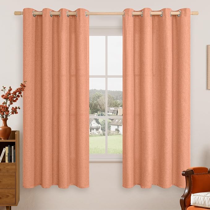 LAMIT Terracotta Linen Curtains 63 Inch Long 2 Panels for Bedroom, Grommet Light Reducing Linen Curtains Boho Thermal Insulated Autumn Decor Drapes for Living Room, Set of 2 Panels, 52 x 63 inch