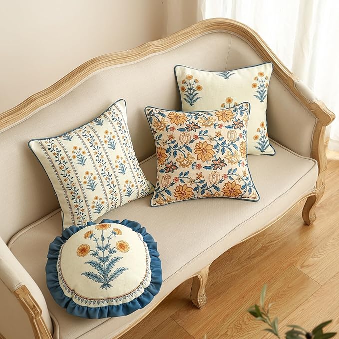ISAENNE Design Square Simple Elegant Linen Throw Pillow Covers 18"x18" Pack of 2, Blue Yellow Floral Pattern Cushion Covers Decor Pillowcases for Bed,Living Room,Outdoor,Car
