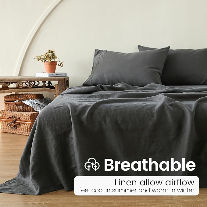 100% French Linen Pillowcases with Embroidery - Pack of 2 - Washed Solid Color Natural Flax Soft Breathable - Dark Grey, 20'' x 40''