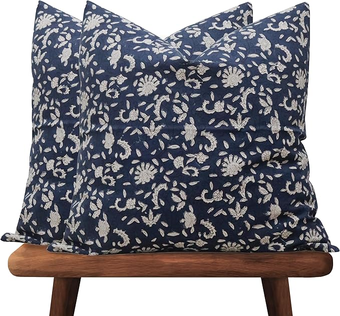 Hand-Block Printed, Artisan-Made Neutral Accent Throw Pillow Covers- 100% Cotton Cushion for Sofa, Bed, Chair, Home Decor, Boho, Indoor - Lina (Deep Blue, 20" x 20" (Pack of 2))