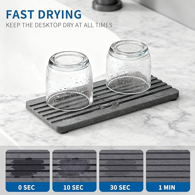 Hand Soap Holder for Bathroom, Water Absorbing Stone Drying Tray, Fast Drying Diatomite Stones Soap Trays for Countertop, 4x8 Inch Rectangle Grooved Design, with Non-Slip Pad, for Bathroom Sink