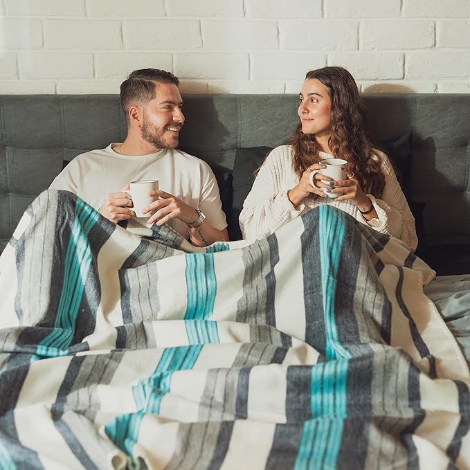 Alpaca Wool Throw Blanket | Ultra Soft, Lightweight, Warm, Breathable, Non-Itchy | Classic, Elegant-Minimalist Design for Bed, Couch, Travel, or Gift | 90" L x 64" W (Sea Tones)