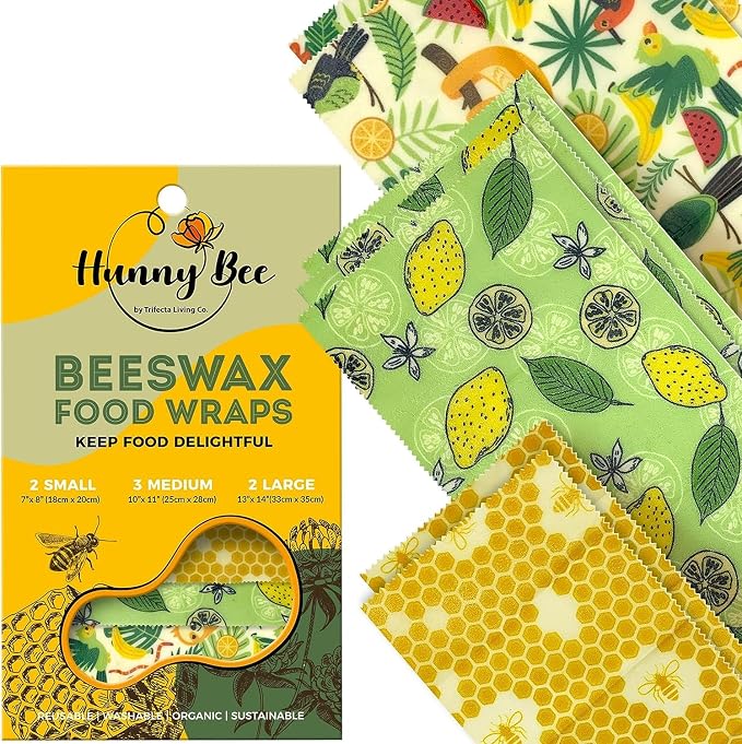 Trifecta Living Co. Versatile Beeswax Wraps,Set of 7-Fresh Food Keeper, Durable & Easily Cleaned, Sustainable Step Towards a Zero-Waste Kitchen, Unique Designs (Honeycomb, Lemon, Tropical Animals)