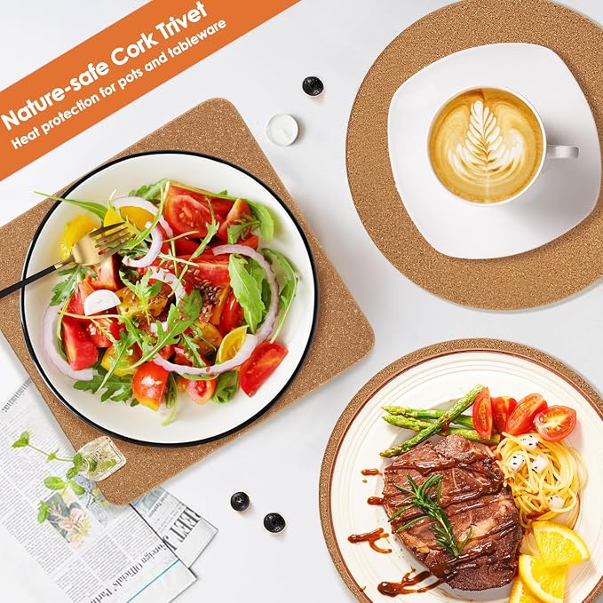 Cork Trivet Set - High Density Thick Cork Trivets for Hot Dishes, 8 Inch Heat Resistant Coaster, Placemats for Pots and Pans, 2 Round & 2 Square