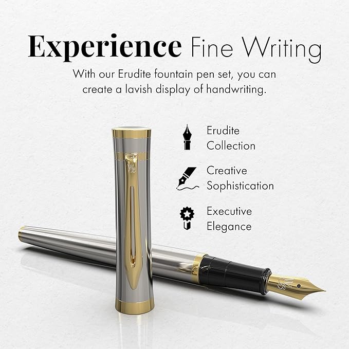Wordsworth & Black Fountain Pen Set, 18K Gilded Extra Fine Nib, Includes 24 Pack Ink Cartridges, Ink Refill Converter & Gift Box, Gold Finish, Calligraphy, [Silver Gold], Perfect for Men & Women