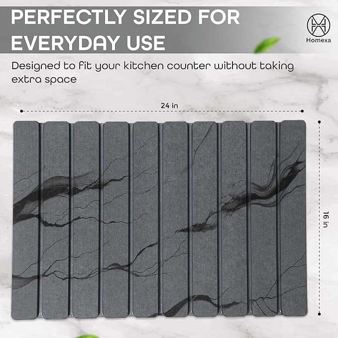 Stone Dish Drying Mat 24" x 16" – Dish Drying Stone Mat – Large Diatomaceous Earth Drying Mat with Non-Slip Base – Quick Dry Kitchen Drying Pad for Dishes, Glassware & Bottles (Marbled Dark Grey)