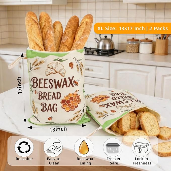 L-Shaped Zipper Beeswax Sourdough Reusable Bread Bags for Homemade, 17×13" | 2 Pack, XL, Organic Linen Cotton Loaves Storage Cloth Bags, Keep Fresh Longer & Freezer Safe