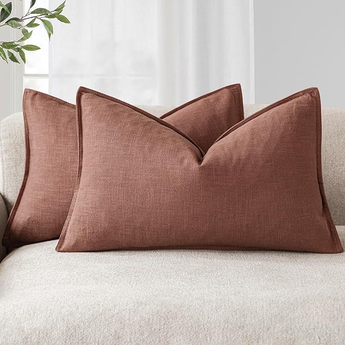Foindtower Pack of 2, Decorative Linen Soild Throw Pillow Covers Soft Accent Lumbar Cushion Case Boho Farmhouse Pillowcase for Chair Couch Sofa Bedroom Living Room Home Decor 12 x 20 Inch Rust Red
