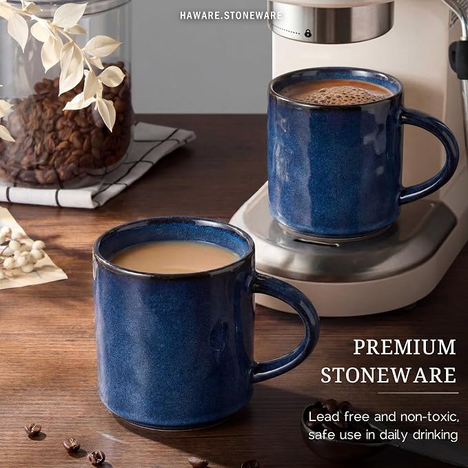 HaWare 14OZ Coffee Mugs Set of 4, Stoneware Coffee Cups with Handle, Latte Mug for Man, Woman, Dad, Mom, Modern Tea Mugs for Latte/Cappuccino/Cocoa/Milk, Dishwasher& Microwave Safe, Starry Blue