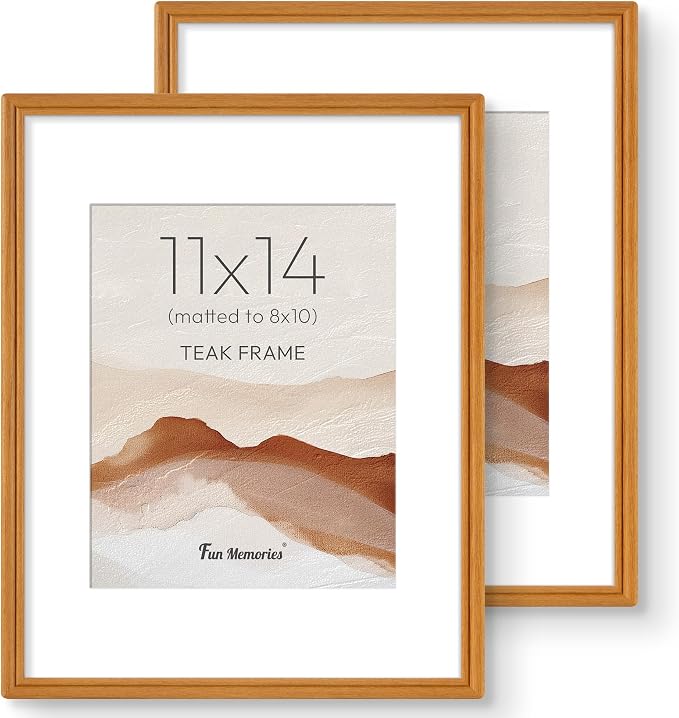11x14 Picture Frame with Mat for 8x10, USA-Sourced Teak Wood Handcrafted Rounded Corner with HD Tempered Glass, 11 x 14 Photo Frames Gallery Wall & Tabletop, Vertically or Horizontally, 2 Pack