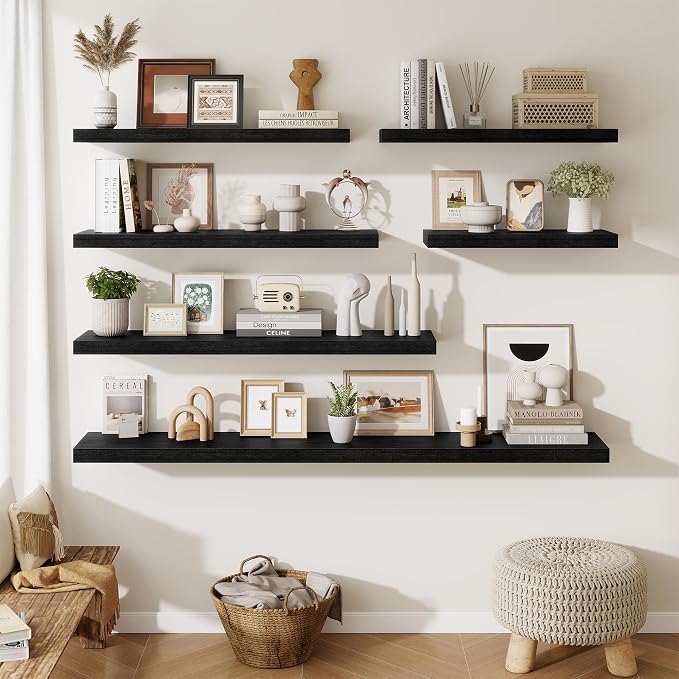 Fun Memories 10 Inch Deep Shelves, Floating Shelves for Wall 48 Inches Long, Wood Floating Shelves for Wall, Large Storage Shelves Wall Mount for Living Room Bedroom, Black, Set of 1
