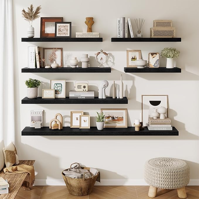 Fun Memories 72 Inch Fireplace Mantel Shelf, 10 Inch Deep Shelves for Display & Wall Storage, Rustic Wood Wall Shelf, Extra Long Floating Shelves for Living Room Laundry Room, Black, Set of 1