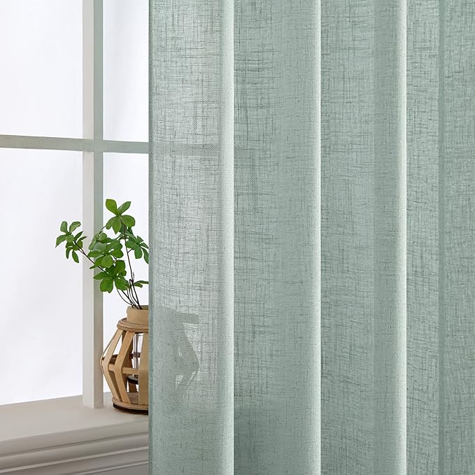 MIULEE Sea Green Linen Curtains 72 Inch Length for Bedroom Living Room, Soft Thick Linen Textured Window Drapes Semi Sheer Light Filtering Back Tab Rod Pocket Burlap Look Aqua Decor, 2 Panels