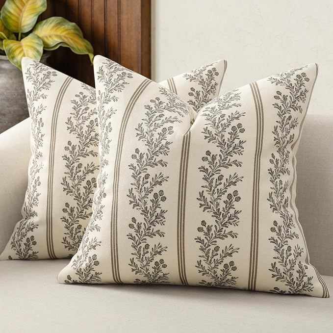 Vintage Throw Pillow Covers 16x16 Set of 2, Striped Floral Pillow Cover Botanical Patterned Decorative Cushion Covers Modern Farmhouse Home Decor for Sofa Couch Bed Living Room, Chocolate