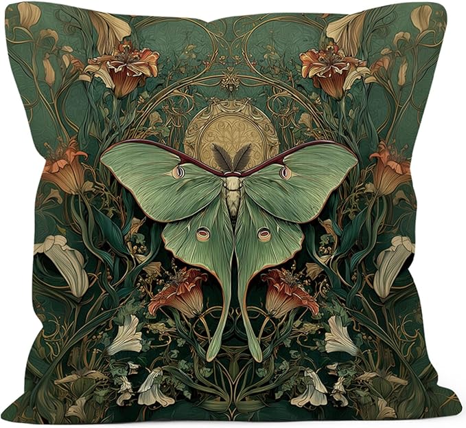 Vintage Luna Moth Throw Pillow Cover Gifts 18x18, Cottagecore Floral Decor Pillow Cases for Bedroom Living Room, Green Mystical Gothic Art Nouveau Square Pillowcases for Couch Bed Sofa
