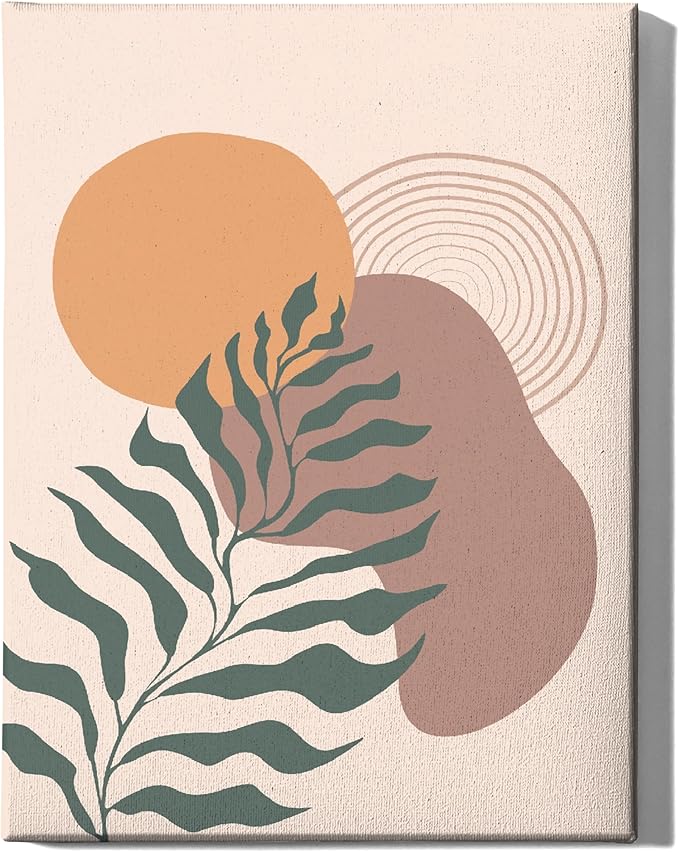 Boho Monstera Leaf Wrapped Canvas Wall Art Abstract Sun Earth Tones Terracotta 12x16 Inch Gallery Stretched Mid Century Modern Home Art Decor