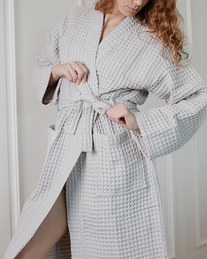 100% Cotton Waffle Kimono Bathrobe for Men & Women, Cozy Leisurewear with Functional Pockets, Comfortable Robe for Relaxation