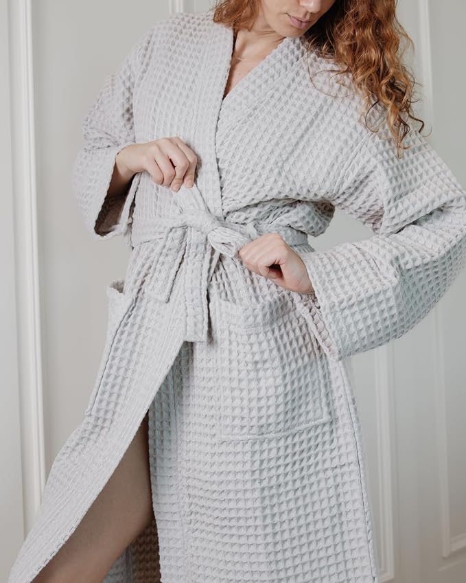 100% Cotton Waffle Kimono Bathrobe for Men & Women, Cozy Leisurewear with Functional Pockets, Comfortable Robe for Relaxation