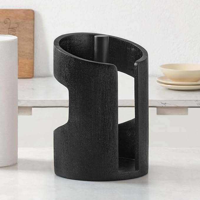 Anji Mountain Wooden Paper Towel Holder Countertop with Mango Wood Round Base and Iron Holder, Holder Stand for Kitchen Roll Organizer & Kitchen Dining Table Home Decor - Black/Black, Arc Hold